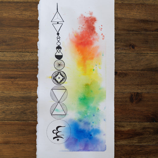 Sacred Symbols Watercolor & Ink Painting by Unknown Artist