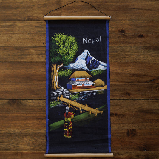 Nepal Cloth Hanging Wall Art Print on Wooden Scroll